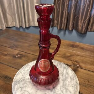 VTG 70s 1970s Jim Beam Ruby Red Glass Genie Decanter Bourbon Bottle Label Handle